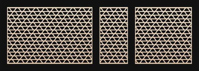 Laser cut pattern set. Vector template with abstract geometric texture, curved grid, wavy lattice, mesh, lines. Modern geometry panels. Decorative stencil for CNC cutting. Aspect ratio 3:2, 1:2, 1:1