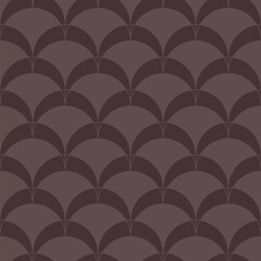 Vector geometric seamless pattern in art deco style. Simple abstract background with curved shapes, fish scale, peacock ornament, mesh, grid. Stylish brown color texture. Repeat decorative design