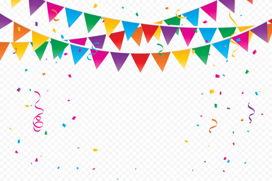 Colorful Party Flags With Confetti And Streamer Ribbons Falling On Transparent Background. Celebration Event And Birthday Party. Surprise. Multicolored. Vector