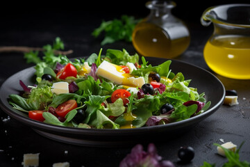 A healthy and refreshing spring salad consisting of a mix of fresh greens, crumbled cheese, sweet baby tomatoes, and a drizzle of flavorful olive oil. Ai generated