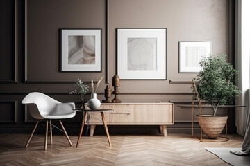 A clean and modern illustration featuring a minimalist living room with a contemporary design and minimalist wall art mockup. Ai generated