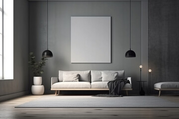 A clean and modern illustration featuring a minimalist living room with a contemporary design and minimalist wall art mockup. Ai generated