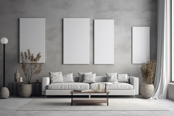 A clean and modern illustration featuring a minimalist living room with a contemporary design and minimalist wall art mockup. Ai generated