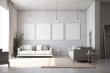 Fototapeta premium A clean and modern illustration featuring a minimalist living room with a contemporary design and minimalist wall art mockup. Ai generated