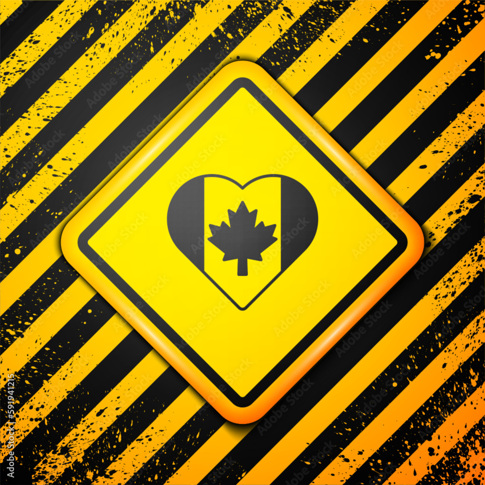 Sticker Black Heart shaped Canada flag icon isolated on yellow background. Love Canada symbol. Warning sign. Vector