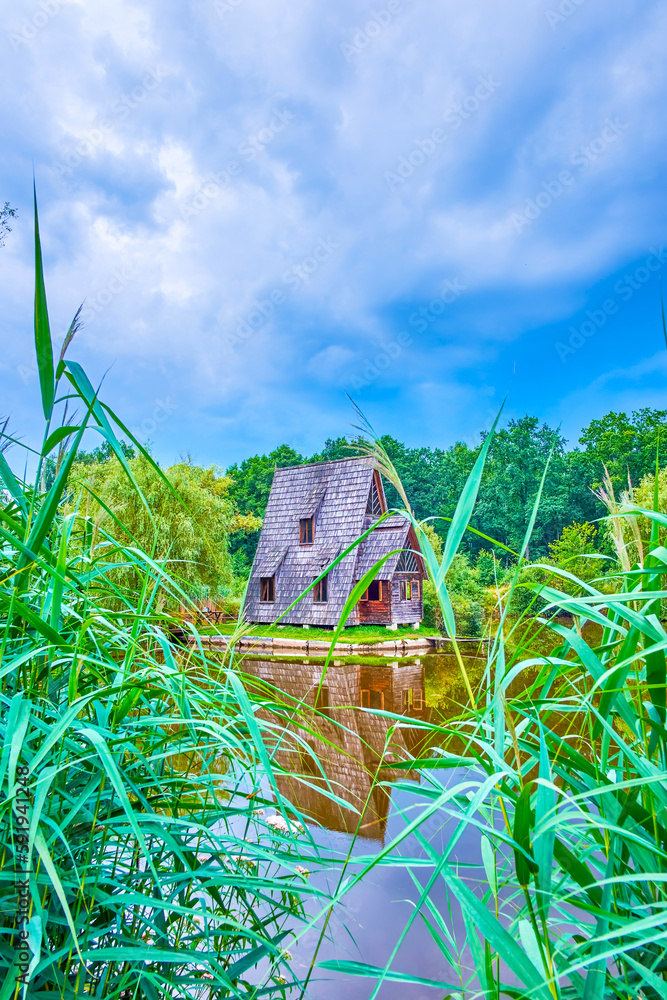 Poster The small hunter's wooden house on the lake behind reeds, Styr hunting farm, Zbrui village, Lviv Region, Ukraine