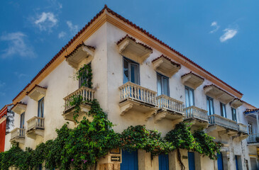 Colonial buildings and balconies in the historic center of Cartagena, Colombia