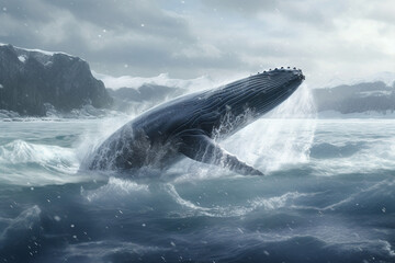 Fototapeta premium Whale jumping out of the arctic waters with glaciers in the background, representing the beauty and power of nature in the Arctic region. Ai generated