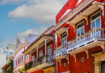 Balconies of colonial buildings in historical center of Cartagena de Indias, Colombia