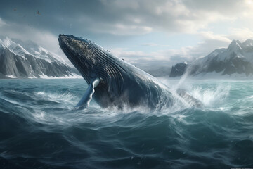 Fototapeta premium Whale jumping out of the arctic waters with glaciers in the background, representing the beauty and power of nature in the Arctic region. Ai generated