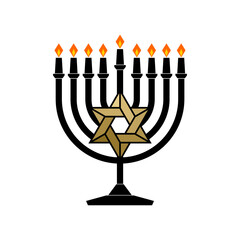 Vector illustration of a traditional Jewish Hanukkah menorah. Holiday candlestick with nine burning candles.