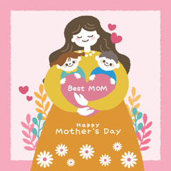 Mother hugging her child on floral background. Little child holding heart in hands. Happy Mother's Day vector flat style illustration.