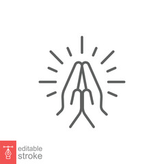 Faith, pray, religion icon, line style. Depicting two hands pressed together and fingers pointed up, folded hands is variously used as a gesture of prayer, greeting. Vector editable stroke EPS 10.