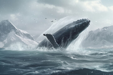 Fototapeta premium Whale jumping out of the arctic waters with glaciers in the background, representing the beauty and power of nature in the Arctic region. Ai generated