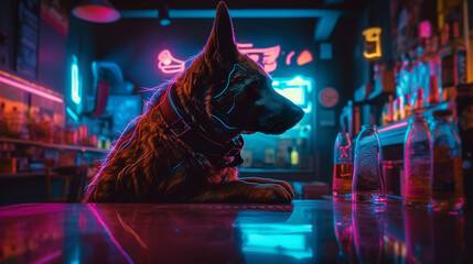dog in the night bar with drinking. Generative Ai