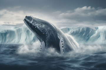 Fototapeta premium Whale jumping out of the arctic waters with glaciers in the background, representing the beauty and power of nature in the Arctic region. Ai generated