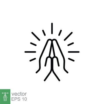 Faith, pray, religion icon, line style. Depicting two hands pressed together and fingers pointed up, folded hands is variously used as a gesture of prayer, thanks, request and greeting. Vector EPS 10.