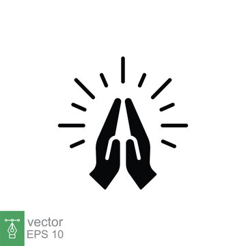Faith, pray, religion icon, solid style. Depicting two hands pressed together and fingers pointed up, folded hands is variously used as a gesture of prayer, thanks and greeting. Vector glyph EPS 10.