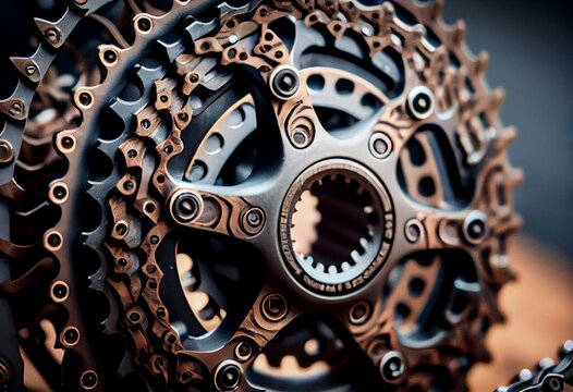 detail of sprockets and chain in bicycle transmission, sprocket chain concept. Generative AI