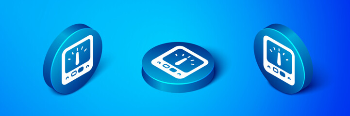 Isometric Ampere meter, multimeter, voltmeter icon isolated on blue background. Instruments for measurement of electric current. Blue circle button. Vector