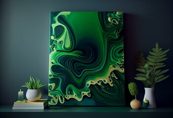 Modern nature abstract painting. Green background. Generative AI