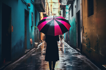 Woman holding a vibrant colorful umbrella on an empty street during a rain. Perfect for use in fashion blogs, lifestyle magazines, or any project related to urban living and style. Ai generated