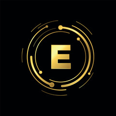 Letter E Initial Gold Color Cyber Multimedia Logo