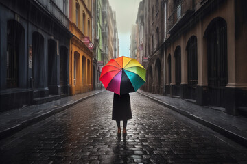 Woman holding a vibrant colorful umbrella on an empty street during a rain. Perfect for use in fashion blogs, lifestyle magazines, or any project related to urban living and style. Ai generated