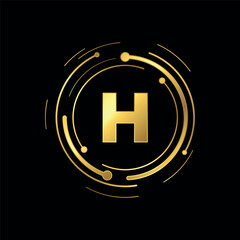 Letter H Initial Gold Color Cyber Multimedia Logo