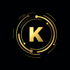 Letter K Initial Gold Color Cyber Multimedia Logo
