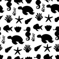 Seamless pattern sea animals silhouette vector illustration