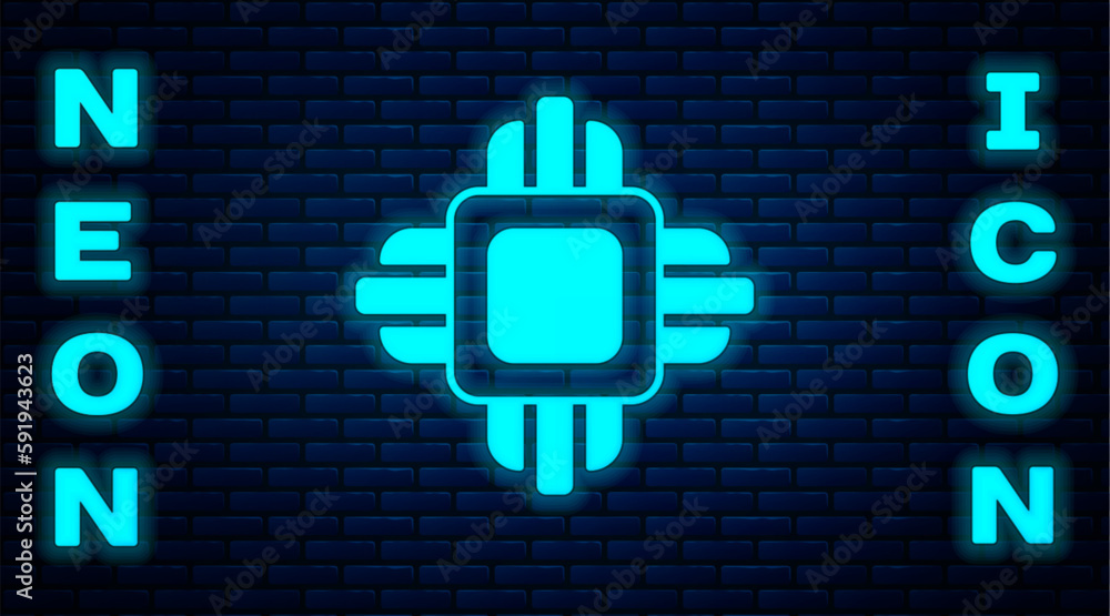 Poster glowing neon computer processor with microcircuits cpu icon isolated on brick wall background. chip 