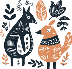 Scandinavian line logo bird abstract ethno postcard