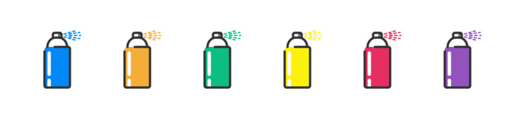 Spray can set flat icons. Color aerolsol spray bottle icon. Isolated vector illustration