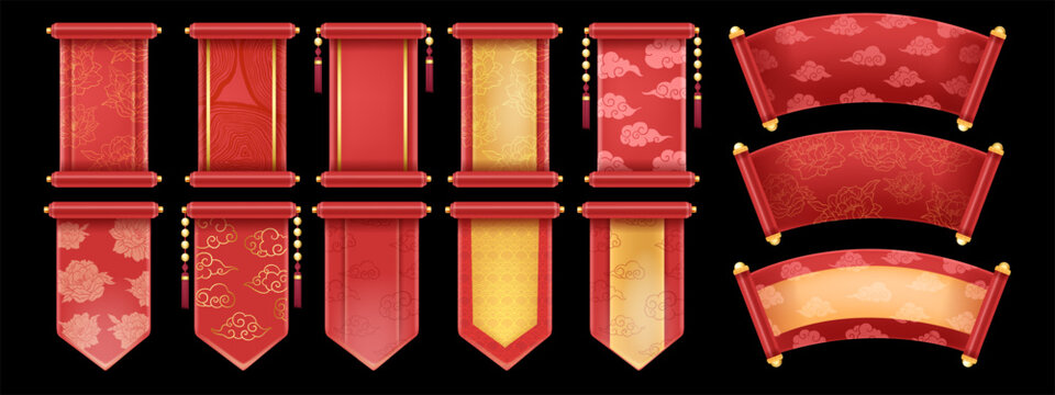 3D Chinese scroll set, banner kit, red vector festive royal asian game UI traditional design element. Luxury celebration China background, spring floral print, silk banner. Chinese scroll collection