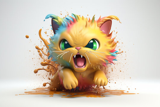 angry yellow cat with a colors splash. Generative Ai