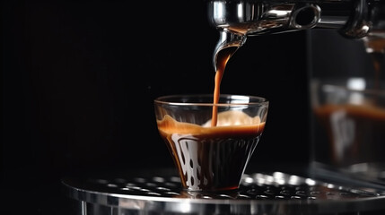 Espresso pouring from coffee machine, close up. Generative AI