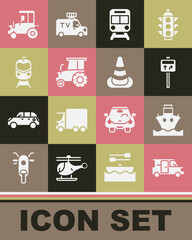 Set Minibus, Cargo ship, Road traffic signpost, Train and railway, Tractor, and Traffic cone icon. Vector