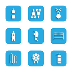 Set Fencing helmet mask, Target sport, Aqualung, Ribbon finishing line, Jump rope, Surfboard, Medal and Bottle of water icon. Vector