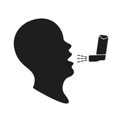 Asthma symbol. Head with open mouth and inhaler spray icon. Vector illustration. Silhouette design