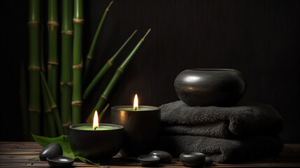 Obraz na płótnie Canvas Burning candle on stones with bamboo grove on black background. generative ai