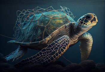 Sea turtle caught with fishing net abandoned in the sea. Generative AI illustration