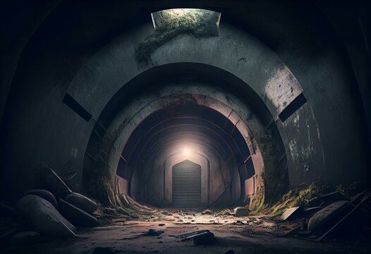 Historic bunker tunnel from world war 2 built with reinforced concrete now is a scary lost place in the dark.3d render. Generative AI