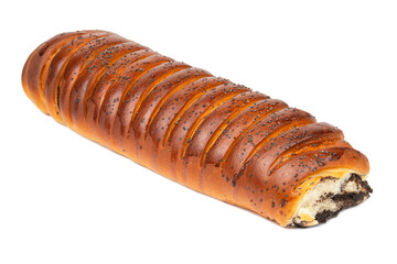 Baked poppy seed strudel product isolated on the white background