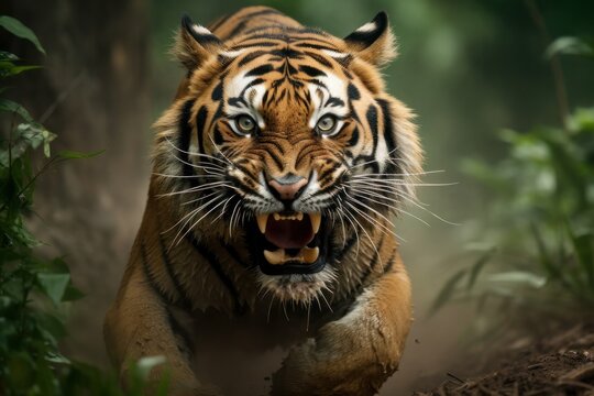 Furious tiger growling and sprinting aggressively, wildlife, action shot, with generative AI technology