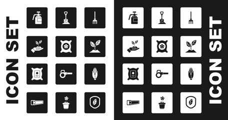 Set Garden rake, Pack full of seeds of plant, Plant in hand environmental, sprayer for fertilizer, Shovel the ground, Corn and icon. Vector