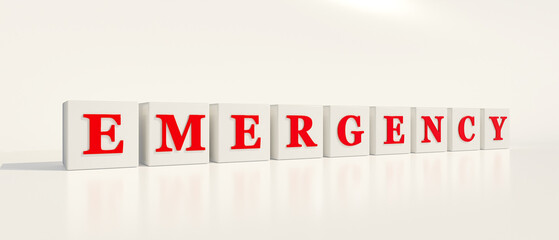 Emergency. White dices with red letters and the word emergency. First care, hospital, first aid, accident, disaster, disaster, urgency, threat and help. 3d illustration