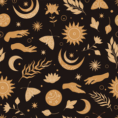 Vector seamless pattern. Esoteric, mystical dark background with celestial bodies, flowers, palms. 