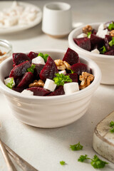 Beetroot salad with feta cheese and walnuts.