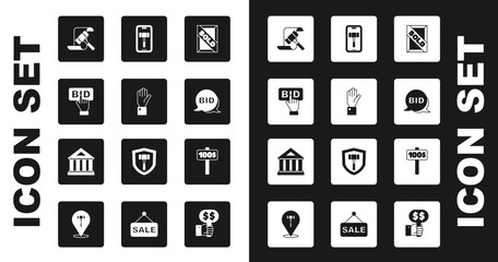 Set Auction painting sold, Hand holding auction, Bid, hammer, Online, paddle and Museum building icon. Vector